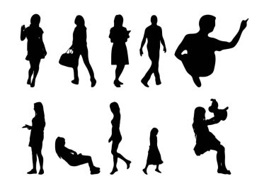 Vektör siluetleri, insanların ana hatları, Contour çizimleri, insanların siluetleri, ikon kümesi izole edilmiş, oturan insanların silueti, mimari set