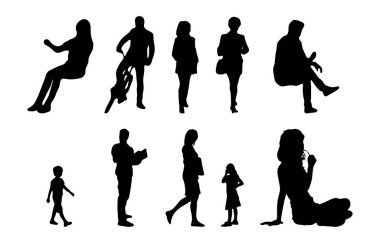 Vektör siluetleri, insanların ana hatları, Contour çizimleri, insanların siluetleri, ikon kümesi izole edilmiş, oturan insanların silueti, mimari set