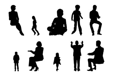 Vektör siluetleri, insanların ana hatları, Contour çizimleri, insanların siluetleri, ikon kümesi izole edilmiş, oturan insanların silueti, mimari set