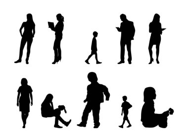 Vektör siluetleri, insanların ana hatları, Contour çizimleri, insanların siluetleri, ikon kümesi izole edilmiş, oturan insanların silueti, mimari set