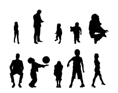 Vektör siluetleri, insanların ana hatları, Contour çizimleri, insanların siluetleri, ikon kümesi izole edilmiş, oturan insanların silueti, mimari set