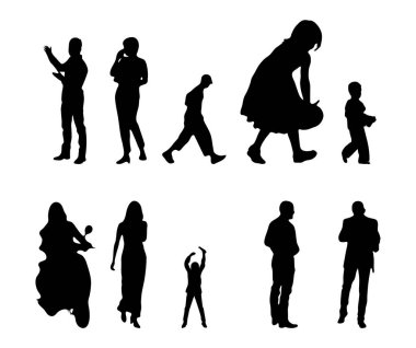 Vektör siluetleri, insanların ana hatları, Contour çizimleri, insanların siluetleri, ikon kümesi izole edilmiş, oturan insanların silueti, mimari set