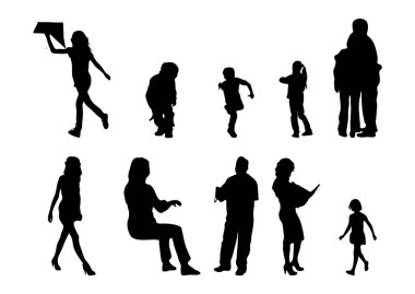 Vektör siluetleri, insanların ana hatları, Contour çizimleri, insanların siluetleri, ikon kümesi izole edilmiş, oturan insanların silueti, mimari set