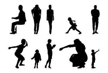 Vektör siluetleri, insanların ana hatları, Contour çizimleri, insanların siluetleri, ikon kümesi izole edilmiş, oturan insanların silueti, mimari set