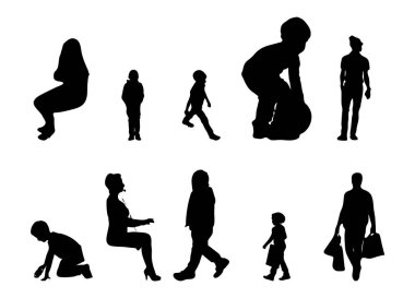 Vektör siluetleri, insanların ana hatları, Contour çizimleri, insanların siluetleri, ikon kümesi izole edilmiş, oturan insanların silueti, mimari set