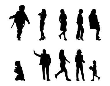 Vektör siluetleri, insanların ana hatları, Contour çizimleri, insanların siluetleri, ikon kümesi izole edilmiş, oturan insanların silueti, mimari set