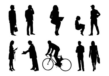 Vektör siluetleri, insanların ana hatları, Contour çizimleri, insanların siluetleri, ikon kümesi izole edilmiş, oturan insanların silueti, mimari set