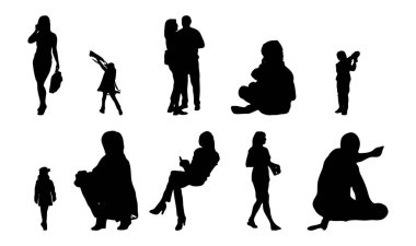 Vektör siluetleri, insanların ana hatları, Contour çizimleri, insanların siluetleri, ikon kümesi izole edilmiş, oturan insanların silueti, mimari set