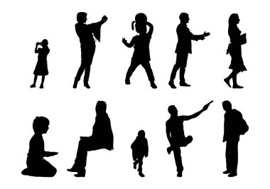 Vektör siluetleri, insanların ana hatları, Contour çizimleri, insanların siluetleri, ikon kümesi izole edilmiş, oturan insanların silueti, mimari set