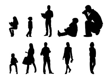 Vektör siluetleri, insanların ana hatları, Contour çizimleri, insanların siluetleri, ikon kümesi izole edilmiş, oturan insanların silueti, mimari set