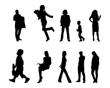 Vektör siluetleri, insanların ana hatları, Contour çizimleri, insanların siluetleri, ikon kümesi izole edilmiş, oturan insanların silueti, mimari set
