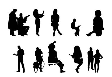 Vektör siluetleri, insanların ana hatları, Contour çizimleri, insanların siluetleri, ikon kümesi izole edilmiş, oturan insanların silueti, mimari set