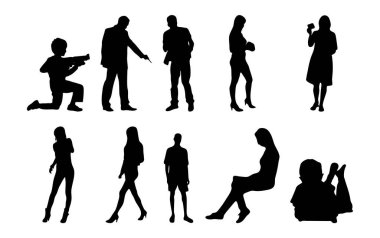 Vektör siluetleri, insanların ana hatları, Contour çizimleri, insanların siluetleri, ikon kümesi izole edilmiş, oturan insanların silueti, mimari set