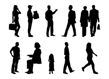 Vektör siluetleri, insanların ana hatları, Contour çizimleri, insanların siluetleri, ikon kümesi izole edilmiş, oturan insanların silueti, mimari set