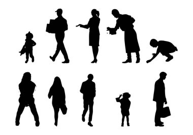 Vektör siluetleri, insanların ana hatları, Contour çizimleri, insanların siluetleri, ikon kümesi izole edilmiş, oturan insanların silueti, mimari set