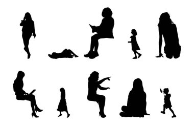 Vektör siluetleri, insanların ana hatları, Contour çizimleri, insanların siluetleri, ikon kümesi izole edilmiş, oturan insanların silueti, mimari set