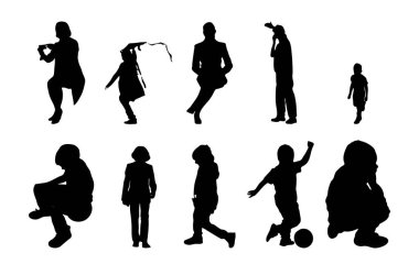 Vektör siluetleri, insanların ana hatları, Contour çizimleri, insanların siluetleri, ikon kümesi izole edilmiş, oturan insanların silueti, mimari set