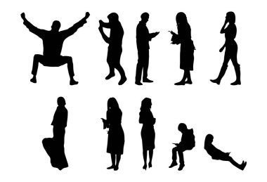 Vektör siluetleri, insanların ana hatları, Contour çizimleri, insanların siluetleri, ikon kümesi izole edilmiş, oturan insanların silueti, mimari set