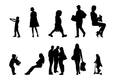 Vektör siluetleri, insanların ana hatları, Contour çizimleri, insanların siluetleri, ikon kümesi izole edilmiş, oturan insanların silueti, mimari set