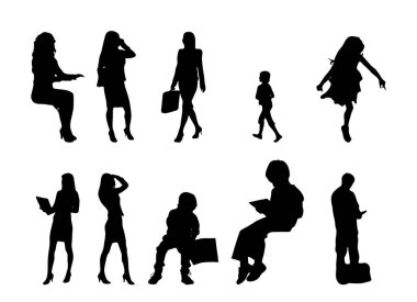 Vektör siluetleri, insanların ana hatları, Contour çizimleri, insanların siluetleri, ikon kümesi izole edilmiş, oturan insanların silueti, mimari set