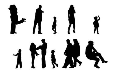 Vektör siluetleri, insanların ana hatları, Contour çizimleri, insanların siluetleri, ikon kümesi izole edilmiş, oturan insanların silueti, mimari set