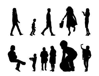 Vektör siluetleri, insanların ana hatları, Contour çizimleri, insanların siluetleri, ikon kümesi izole edilmiş, oturan insanların silueti, mimari set