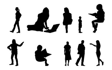 Vektör siluetleri, insanların ana hatları, Contour çizimleri, insanların siluetleri, ikon kümesi izole edilmiş, oturan insanların silueti, mimari set