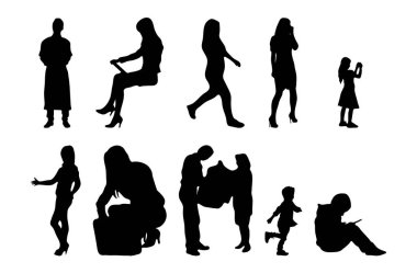 Vektör siluetleri, insanların ana hatları, Contour çizimleri, insanların siluetleri, ikon kümesi izole edilmiş, oturan insanların silueti, mimari set
