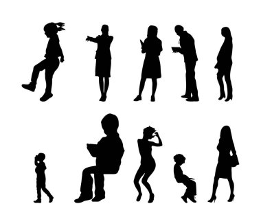 Vektör siluetleri, insanların ana hatları, Contour çizimleri, insanların siluetleri, ikon kümesi izole edilmiş, oturan insanların silueti, mimari set