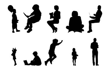 Vektör siluetleri, insanların ana hatları, Contour çizimleri, insanların siluetleri, ikon kümesi izole edilmiş, oturan insanların silueti, mimari set