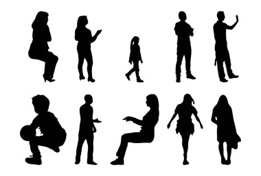 Vektör siluetleri, insanların ana hatları, Contour çizimleri, insanların siluetleri, ikon kümesi izole edilmiş, oturan insanların silueti, mimari set
