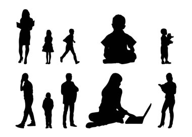 Vektör siluetleri, insanların ana hatları, Contour çizimleri, insanların siluetleri, ikon kümesi izole edilmiş, oturan insanların silueti, mimari set