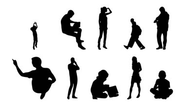 Vektör siluetleri, insanların ana hatları, Contour çizimleri, insanların siluetleri, ikon kümesi izole edilmiş, oturan insanların silueti, mimari set