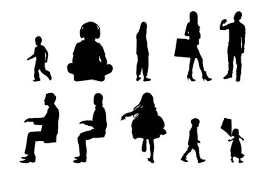 Vektör siluetleri, insanların ana hatları, Contour çizimleri, insanların siluetleri, ikon kümesi izole edilmiş, oturan insanların silueti, mimari set