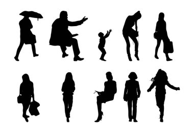 Vektör siluetleri, insanların ana hatları, Contour çizimleri, insanların siluetleri, ikon kümesi izole edilmiş, oturan insanların silueti, mimari set