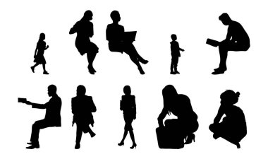 Vektör siluetleri, insanların ana hatları, Contour çizimleri, insanların siluetleri, ikon kümesi izole edilmiş, oturan insanların silueti, mimari set