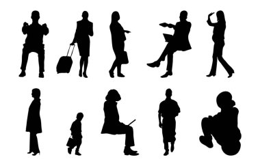 Vektör siluetleri, insanların ana hatları, Contour çizimleri, insanların siluetleri, ikon kümesi izole edilmiş, oturan insanların silueti, mimari set