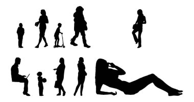 Vektör siluetleri, insanların ana hatları, Contour çizimleri, insanların siluetleri, ikon kümesi izole edilmiş, oturan insanların silueti, mimari set