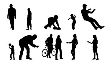 Vektör siluetleri, insanların ana hatları, Contour çizimleri, insanların siluetleri, ikon kümesi izole edilmiş, oturan insanların silueti, mimari set