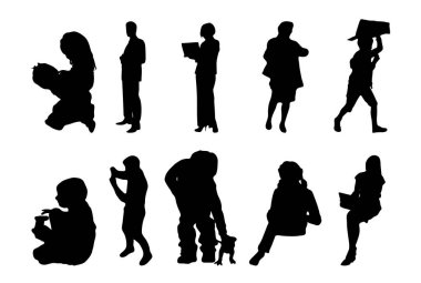 Vektör siluetleri, insanların ana hatları, Contour çizimleri, insanların siluetleri, ikon kümesi izole edilmiş, oturan insanların silueti, mimari set