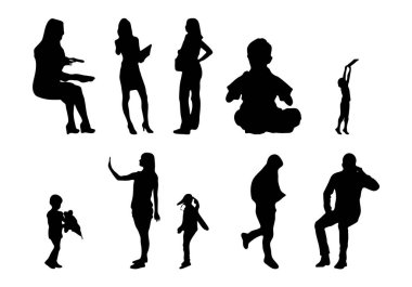 Vektör siluetleri, insanların ana hatları, Contour çizimleri, insanların siluetleri, ikon kümesi izole edilmiş, oturan insanların silueti, mimari set
