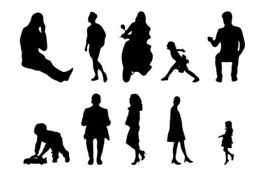 Vektör siluetleri, insanların ana hatları, Contour çizimleri, insanların siluetleri, ikon kümesi izole edilmiş, oturan insanların silueti, mimari set