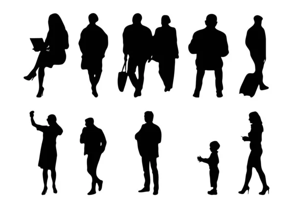 Vektor Silhouetten Umrisse Von Menschen Konturzeichnung Menschen Silhouette Icon Set — Stockvektor