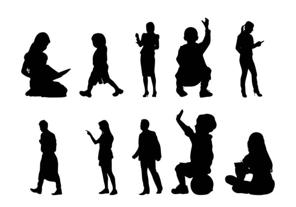 Vector silhouettes, Outline silhouettes of people, Contour drawing, people silhouette, Icon Set Isolated, Silhouette of sitting people, Architectural set