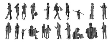 Vektör siluetleri, insanların ana hatları, Contour çizimleri, insanların siluetleri, ikon kümesi izole edilmiş, oturan insanların silueti, mimari set