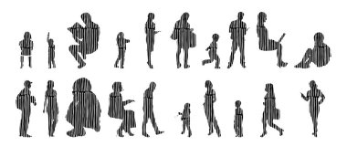 Vektör siluetleri, insanların ana hatları, Contour çizimleri, insanların siluetleri, ikon kümesi izole edilmiş, oturan insanların silueti, mimari set