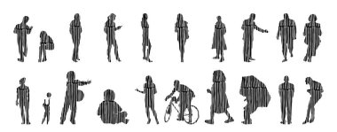 Vektör siluetleri, insanların ana hatları, Contour çizimleri, insanların siluetleri, ikon kümesi izole edilmiş, oturan insanların silueti, mimari set