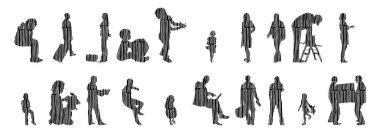 Vektör siluetleri, insanların ana hatları, Contour çizimleri, insanların siluetleri, ikon kümesi izole edilmiş, oturan insanların silueti, mimari set