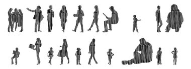 Vektör siluetleri, insanların ana hatları, Contour çizimleri, insanların siluetleri, ikon kümesi izole edilmiş, oturan insanların silueti, mimari set