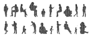 Vektör siluetleri, insanların ana hatları, Contour çizimleri, insanların siluetleri, ikon kümesi izole edilmiş, oturan insanların silueti, mimari set